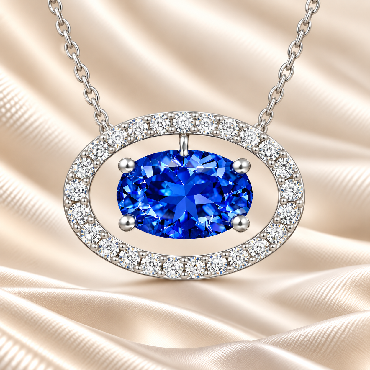 Blue sapphire necklace with an 8×5 mm oval cut and moissanite halo, crafted in white gold-plated 925 silver. Elegant and refined. Available now at BSI Jewelry.