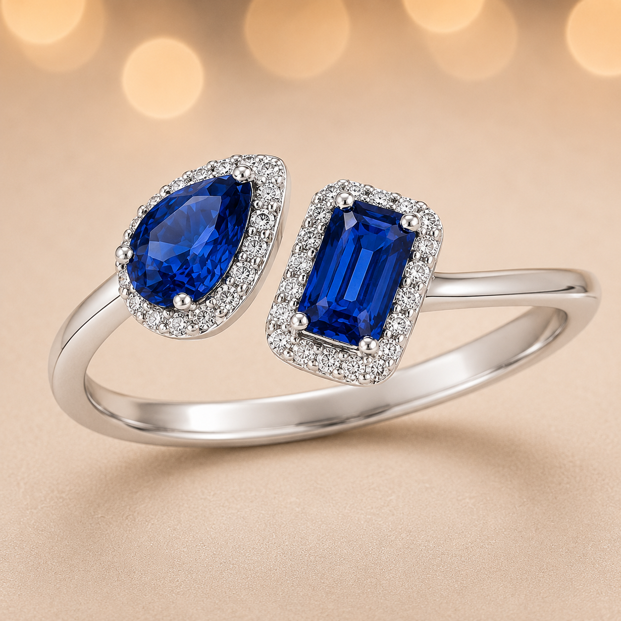 Blue sapphire open ring, 6×4 mm pear & emerald cuts, in white gold-plated 925 silver. Hypoallergenic, elegant daily wear. Available now at BSI Jewelry.