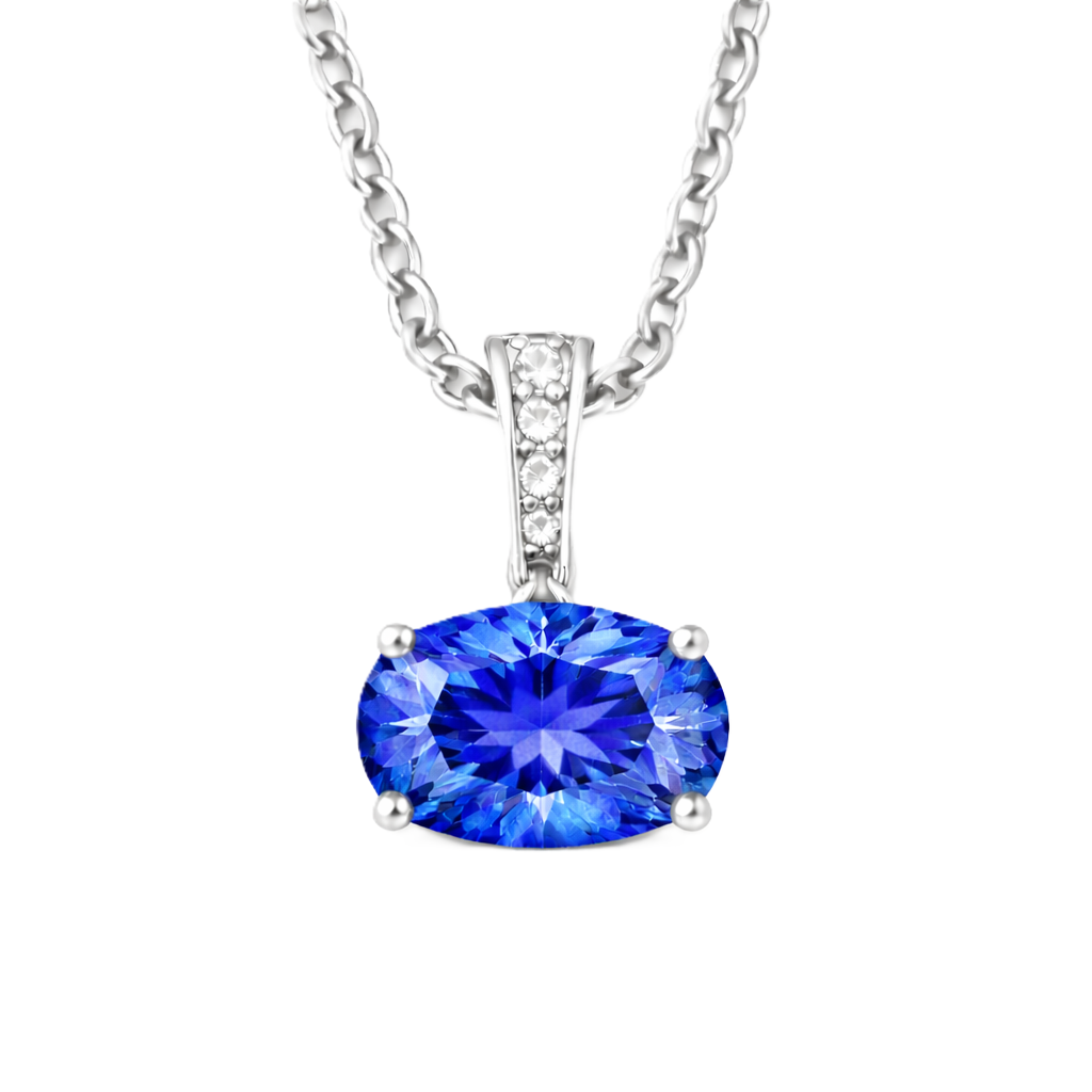 Blue sapphire oval pendant with an 8×5 mm gemstone in white gold-plated 925 silver, accented with moissanite. Elegant and refined. Available now at BSI Jewelry.
