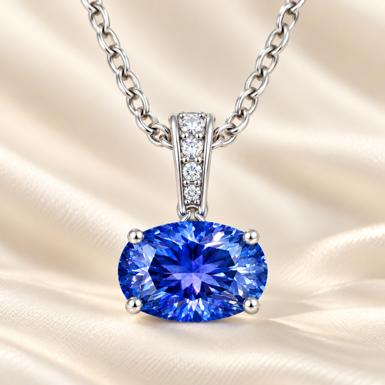 Blue sapphire oval pendant with an 8×5 mm gemstone in white gold-plated 925 silver, accented with moissanite. Elegant and refined. Available now at BSI Jewelry.
