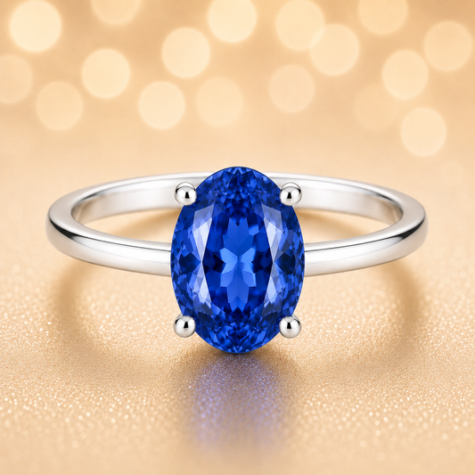 Elegant 7×5 mm blue sapphire oval solitaire ring in white-gold-plated 925 silver. Timeless brilliance and radiant color. Available now at BSI Jewelry.