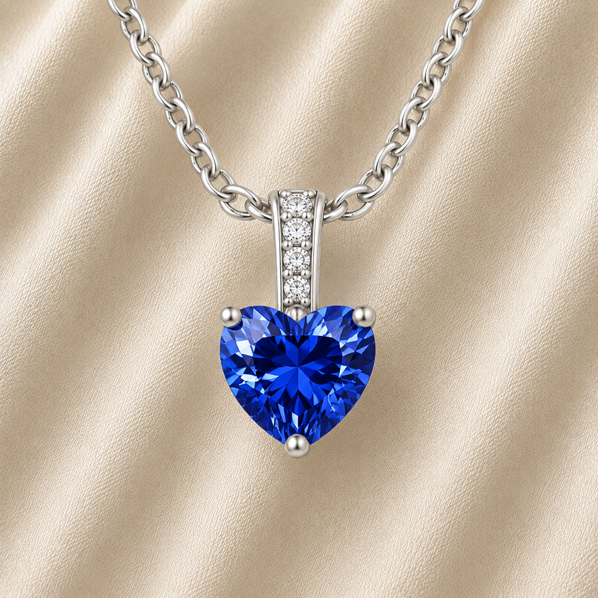 Blue sapphire pendant with a 6 mm heart cut, crafted in white gold-plated 925 silver. Elegant and refined for daily wear. Available now at BSI Jewelry.