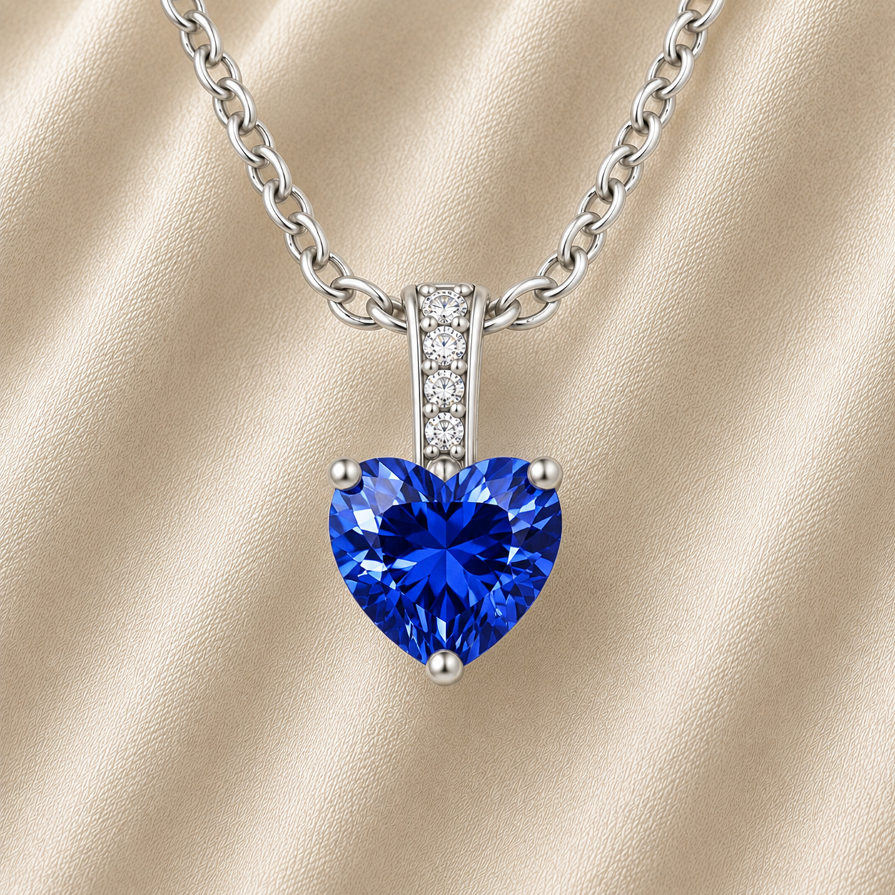 Blue sapphire pendant with a 6 mm heart cut, crafted in white gold-plated 925 silver. Elegant and refined for daily wear. Available now at BSI Jewelry.
