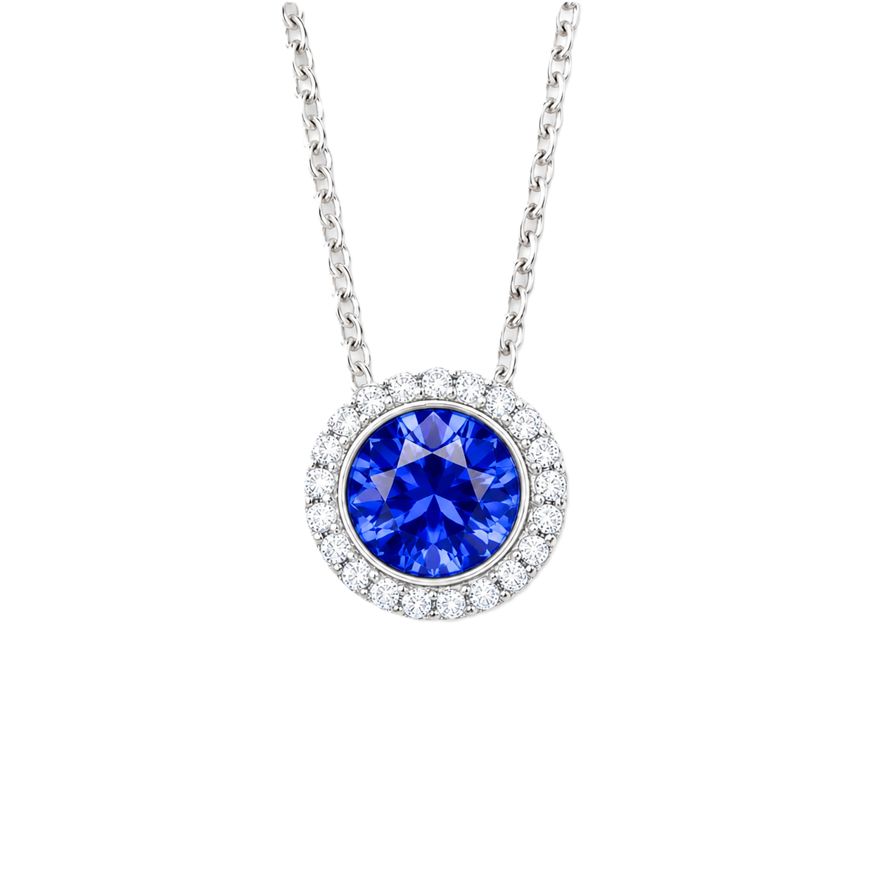 Blue sapphire pendant with 6 mm round stone in white gold-plated 925 silver, accented with moissanite and adjustable cable chain. Available now at BSI Jewelry.