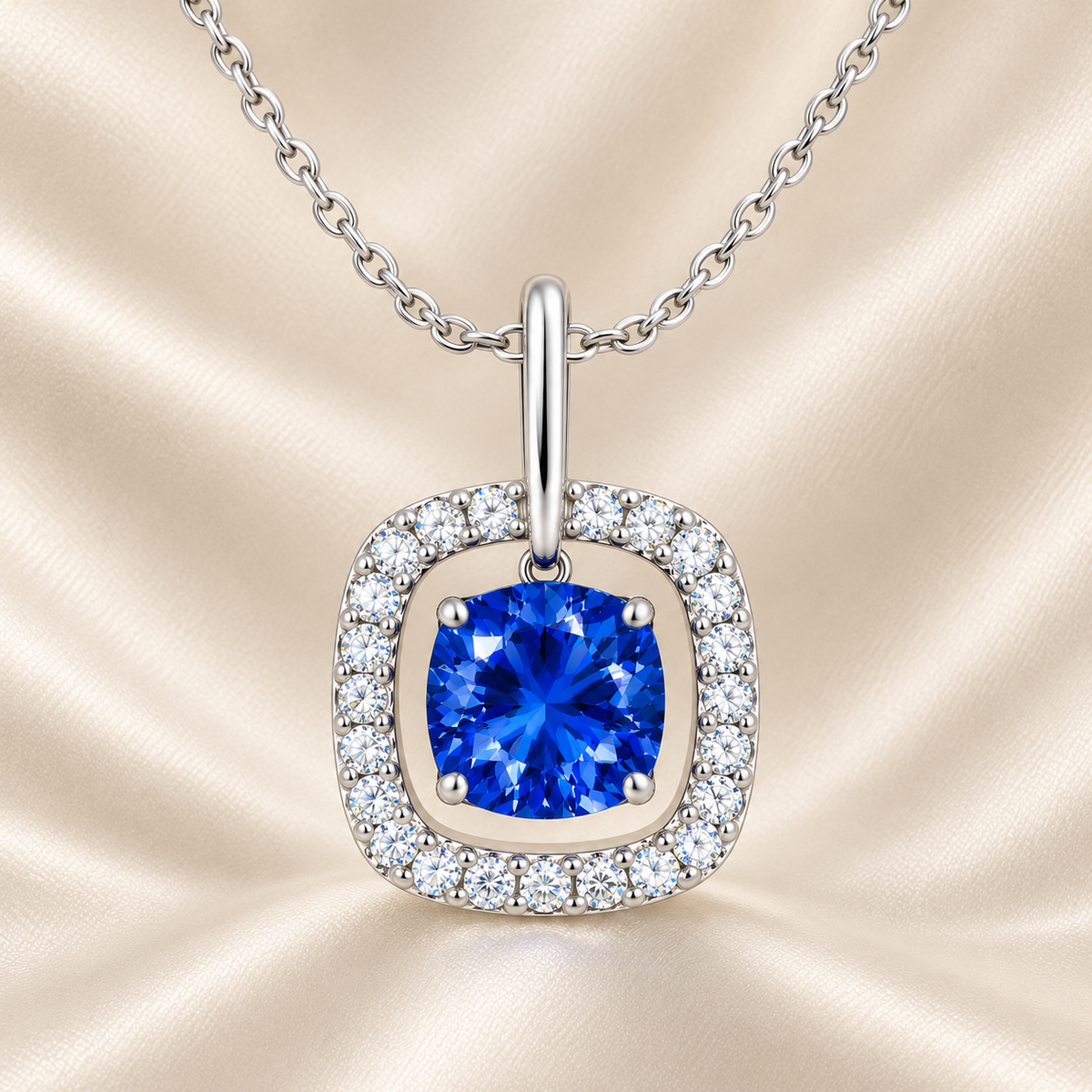 Blue sapphire pendant with a 7 mm cushion cut and moissanite halo, crafted in white gold-plated 925 silver. Elegant and radiant. Available now at BSI Jewelry.