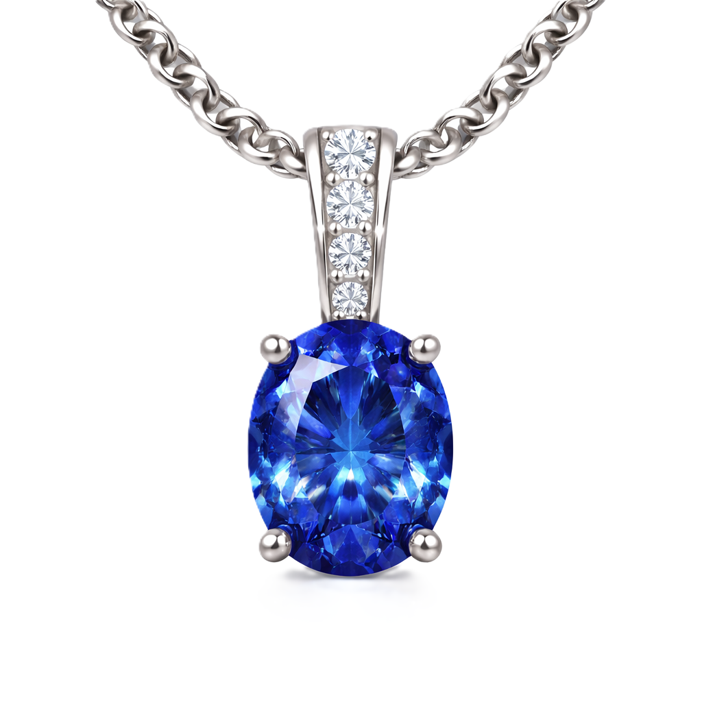 Blue sapphire pendant, 7×5 mm oval, crafted in white gold-plated 925 silver. Elegant and hypoallergenic for daily wear. Available now at BSI Jewelry.