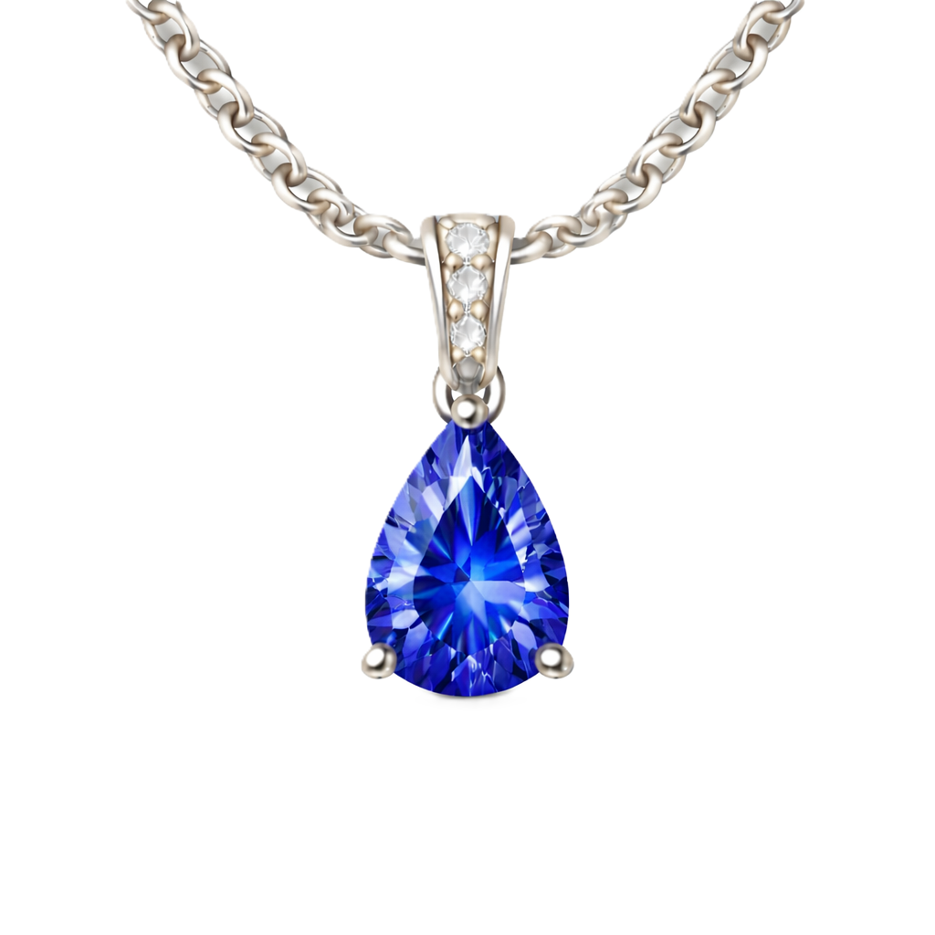 Blue sapphire pendant with a 7×5 mm pear cut, set in white gold-plated 925 silver. Timeless, elegant, and refined for daily wear. Available now at BSI Jewelry.