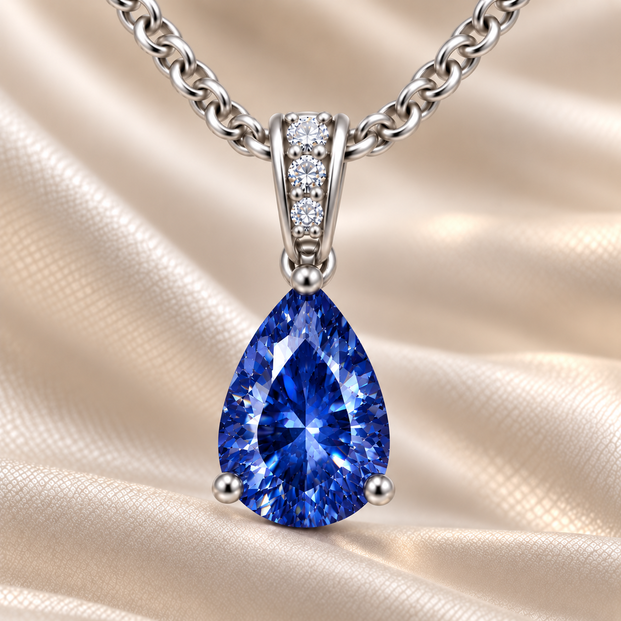 Blue sapphire pendant with a 7×5 mm pear cut, set in white gold-plated 925 silver. Timeless, elegant, and refined for daily wear. Available now at BSI Jewelry.