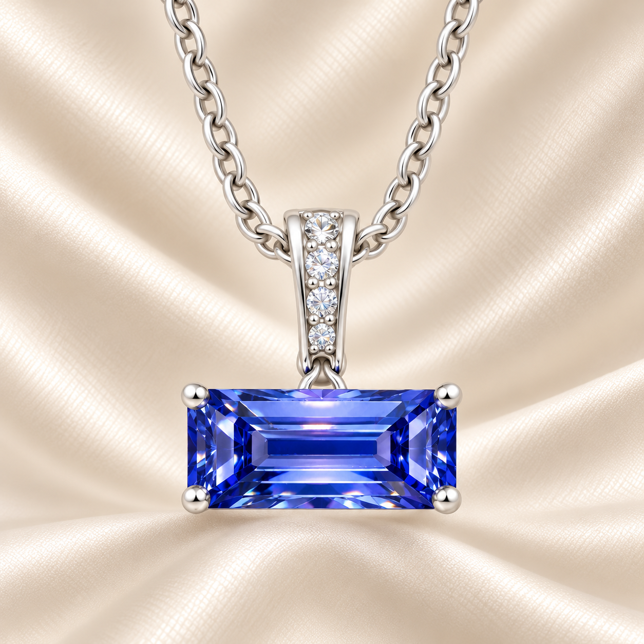 Blue sapphire pendant with an 8×5 mm baguette in white gold-plated 925 silver, accented with moissanite. Elegant and refined. Available now at BSI Jewelry.