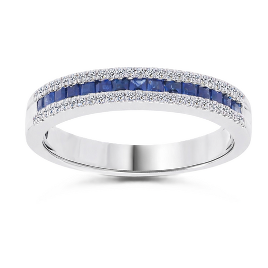 Blue sapphire ring with 1.40 mm square stones in white gold-plated 925 silver, accented with moissanite for refined sparkle. Available now at BSI Jewelry.