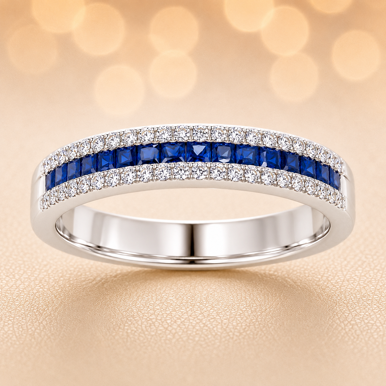 Blue sapphire ring with 1.40 mm square stones in white gold-plated 925 silver, accented with moissanite for refined sparkle. Available now at BSI Jewelry.