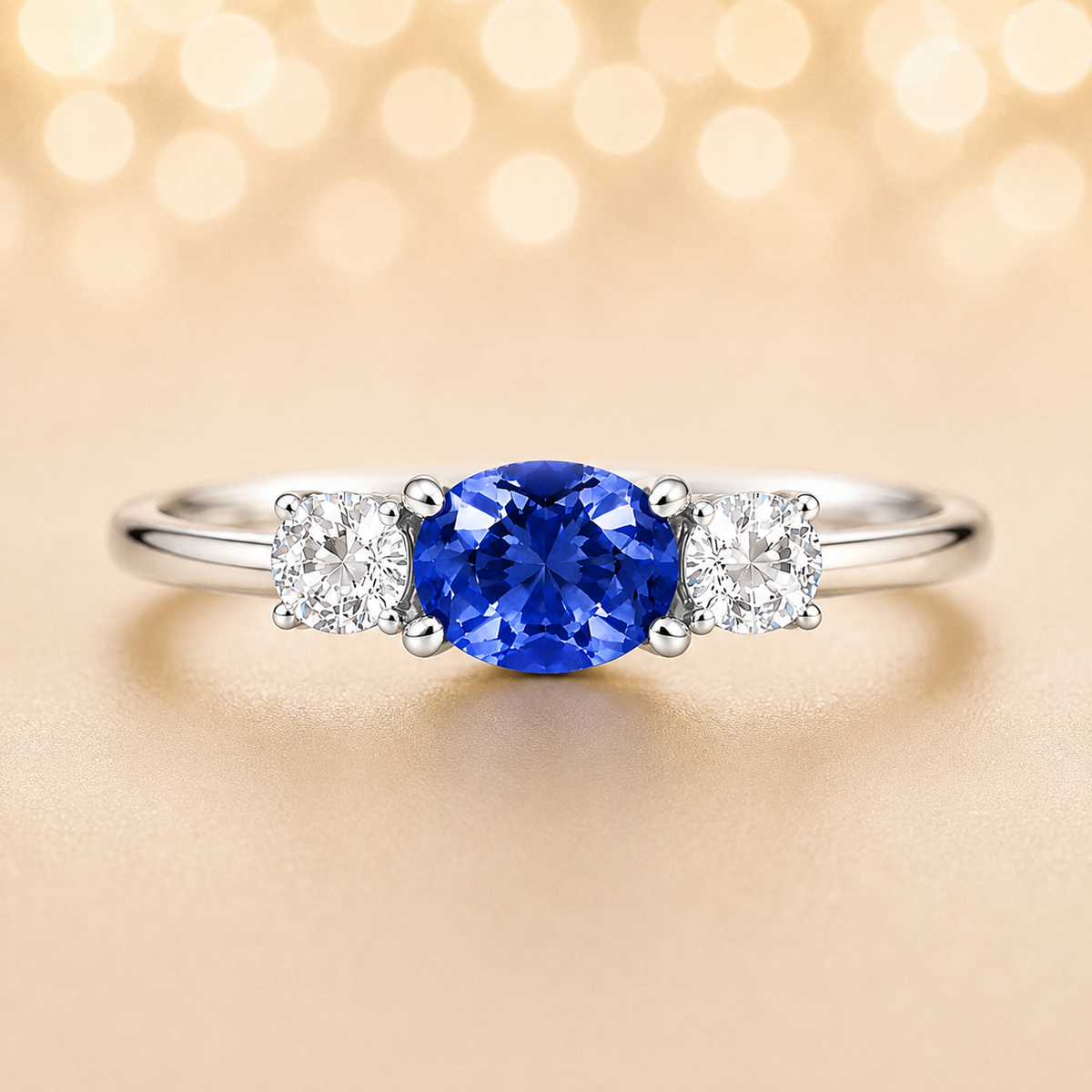 Blue sapphire ring, 5×4 mm oval with moissanite accents in white gold-plated 925 silver. Elegant and hypoallergenic. Available now at BSI Jewelry.