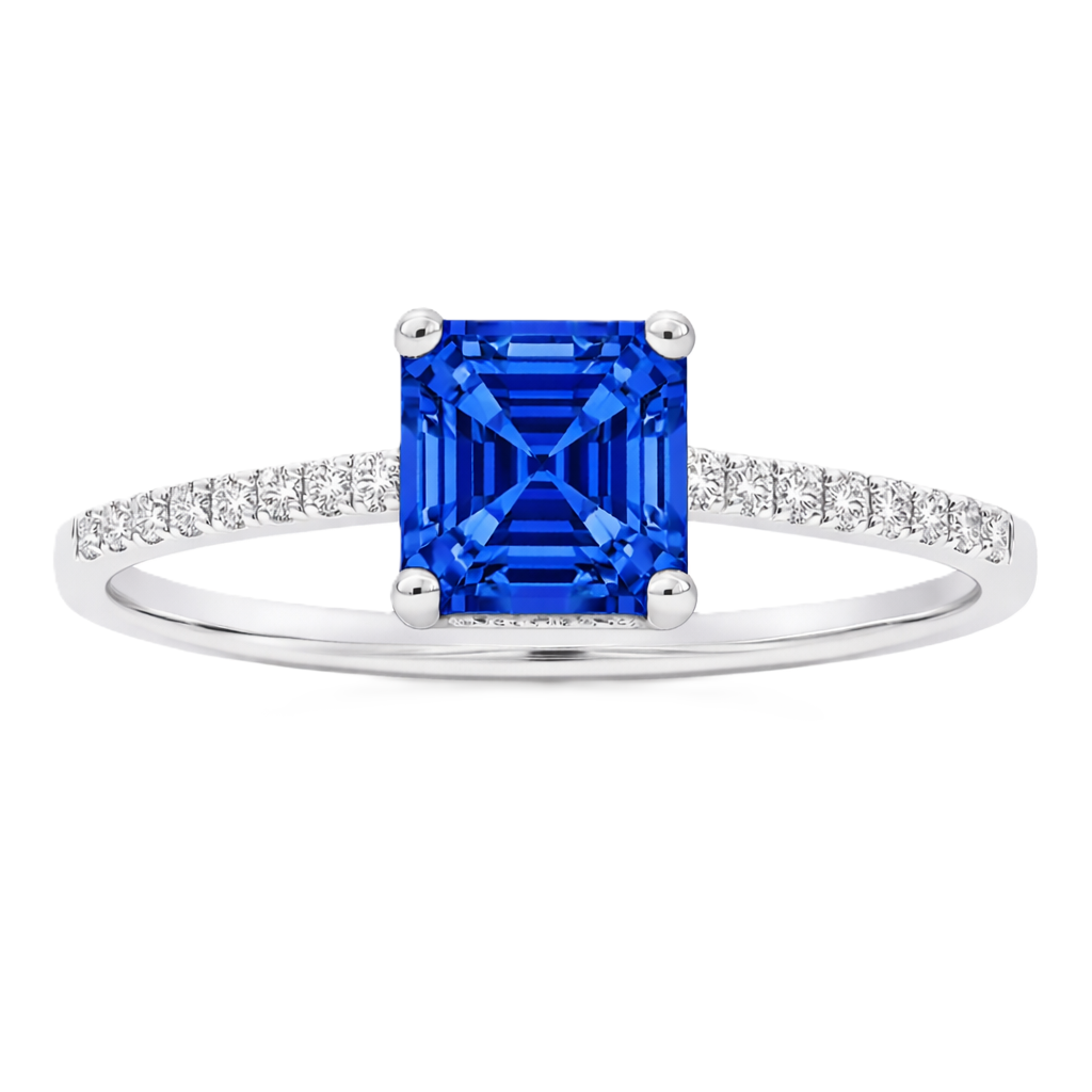 Blue sapphire ring, 6 mm Asscher, set in white gold-plated 925 silver. Hypoallergenic and refined for daily wear. Available now at BSI Jewelry.