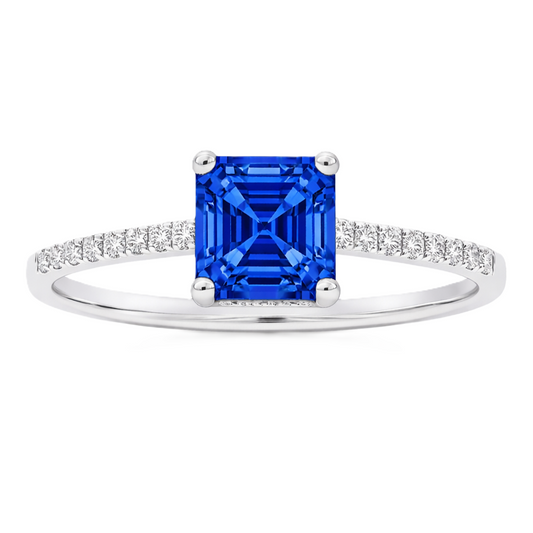 Blue sapphire ring, 6 mm Asscher, set in white gold-plated 925 silver. Hypoallergenic and refined for daily wear. Available now at BSI Jewelry.