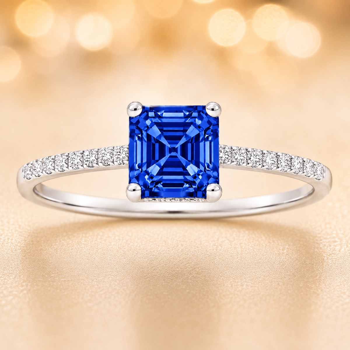 Blue sapphire ring, 6 mm Asscher, set in white gold-plated 925 silver. Hypoallergenic and refined for daily wear. Available now at BSI Jewelry.