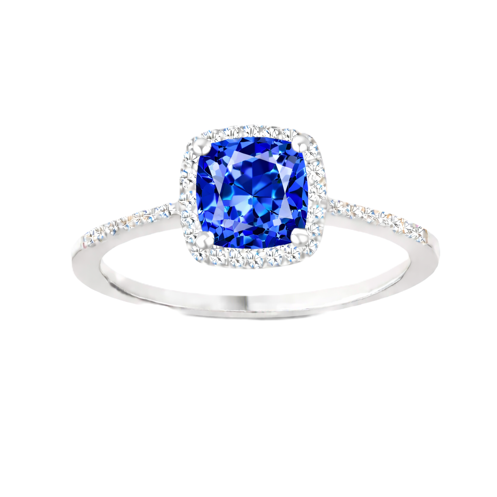 Blue sapphire ring with a 6 mm cushion cut, accented by moissanite in white gold-plated 925 silver. Elegant and timeless. Available now at BSI Jewelry.