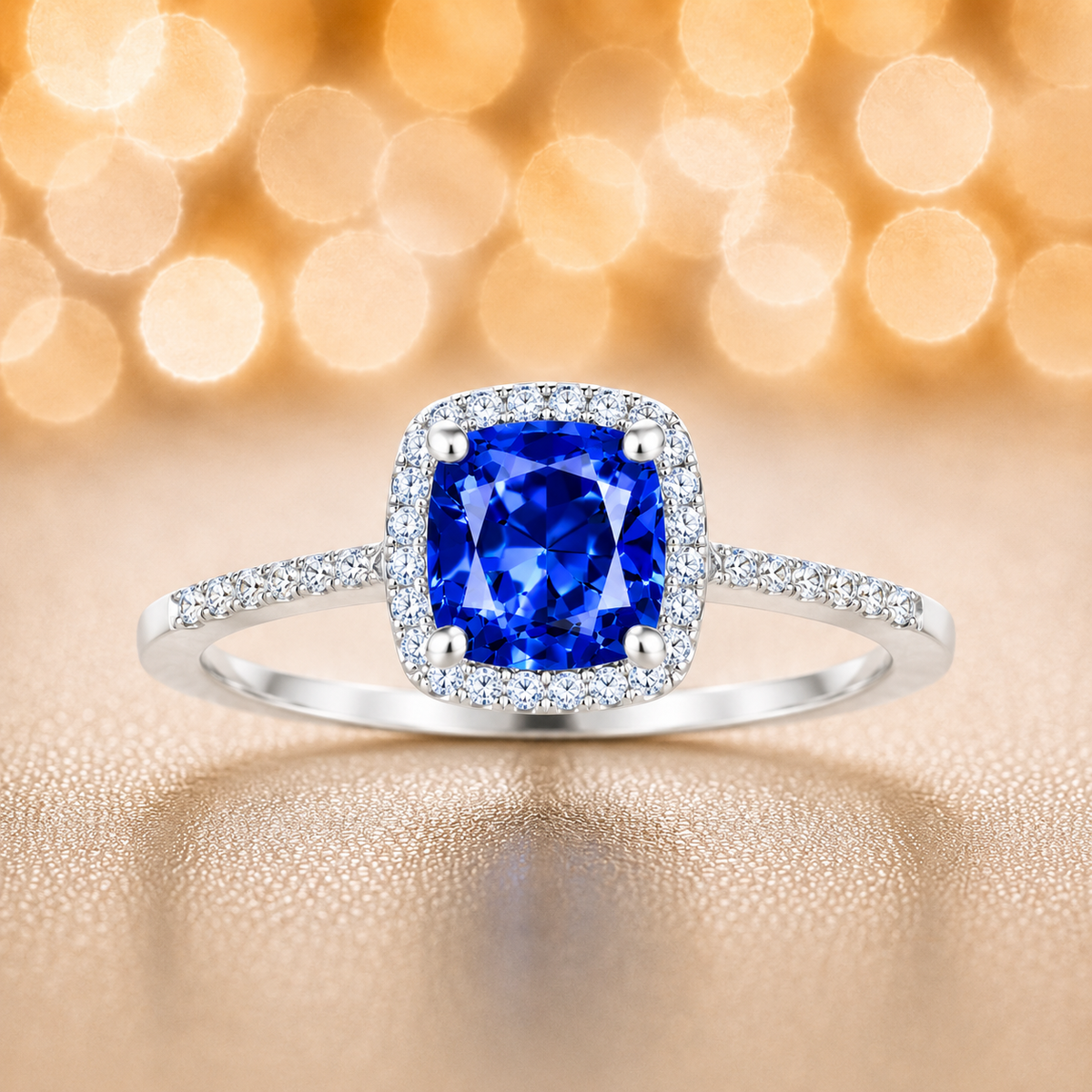 Blue sapphire ring with a 6 mm cushion cut, accented by moissanite in white gold-plated 925 silver. Elegant and timeless. Available now at BSI Jewelry.