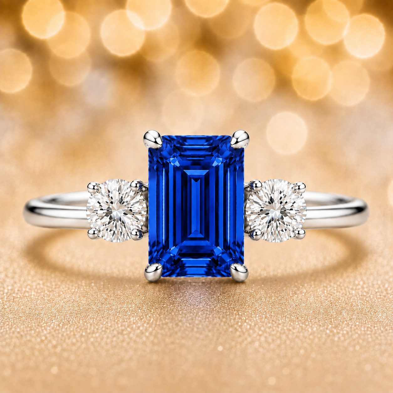 Blue sapphire ring, 6×4 mm emerald cut with 3 mm moissanite sides, set in white gold-plated 925 silver. Elegant and hypoallergenic. Available now at BSI Jewelry.