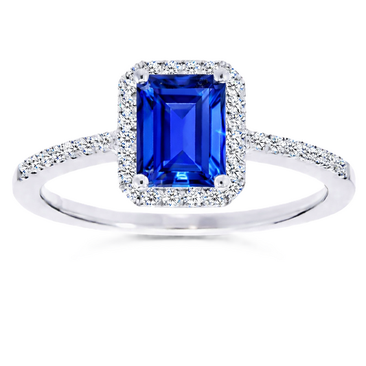Blue sapphire ring with a 7×5 mm emerald cut, with moissanite in white gold-plated 925 silver. Elegant and timeless for daily wear. Available now at BSI Jewelry.