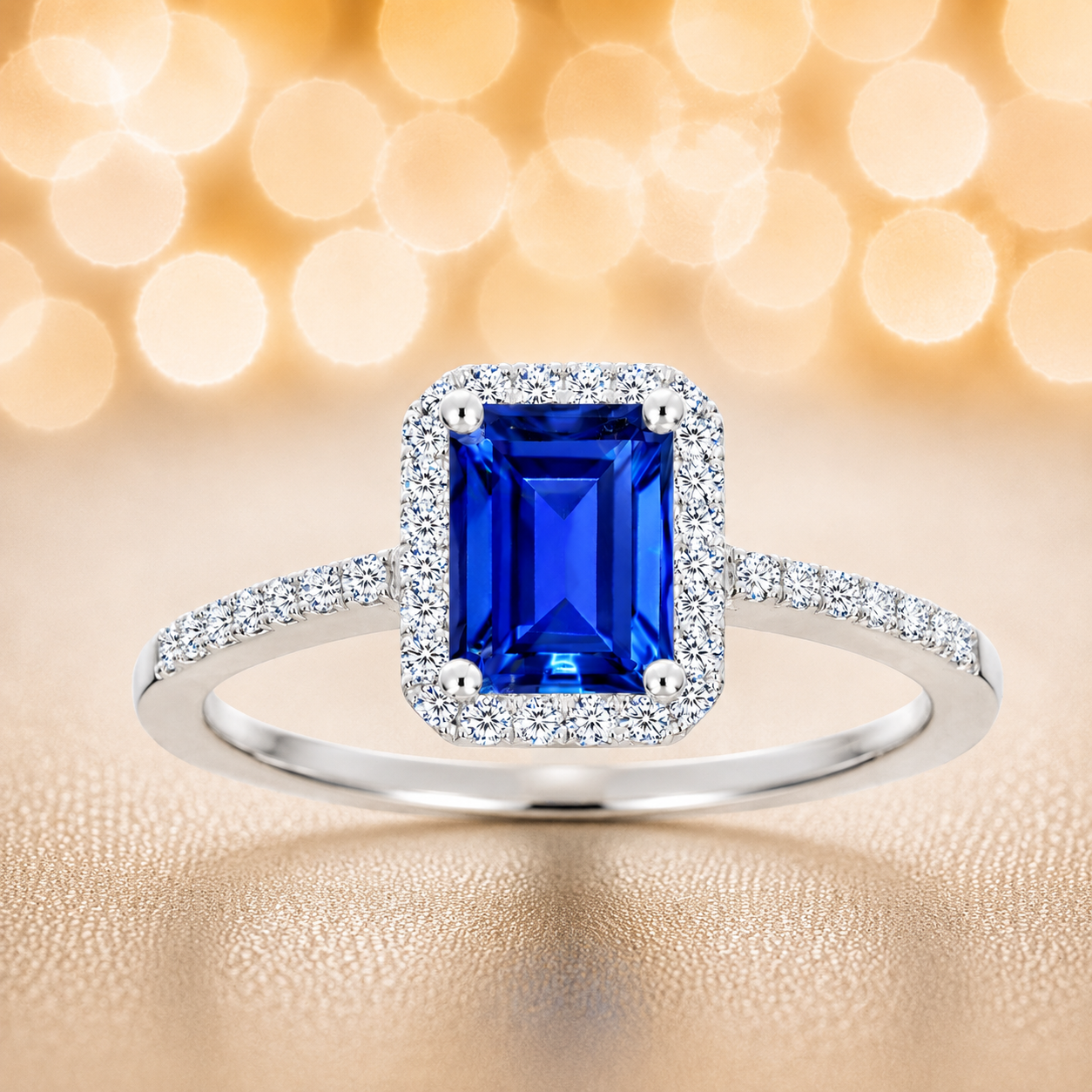 Blue sapphire ring with a 7×5 mm emerald cut, with moissanite in white gold-plated 925 silver. Elegant and timeless for daily wear. Available now at BSI Jewelry.