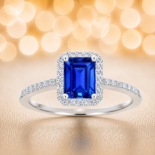 Blue sapphire ring with a 7×5 mm emerald cut, with moissanite in white gold-plated 925 silver. Elegant and timeless for daily wear. Available now at BSI Jewelry.