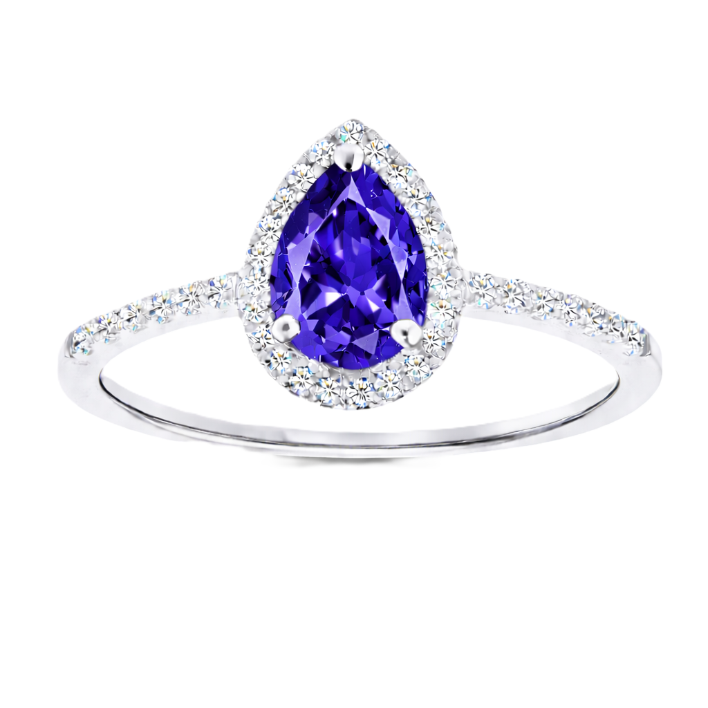 Blue sapphire ring with a 7×5 mm pear cut, with moissanite in white gold-plated 925 silver. Elegant and timeless for daily wear. Available now at BSI Jewelry.