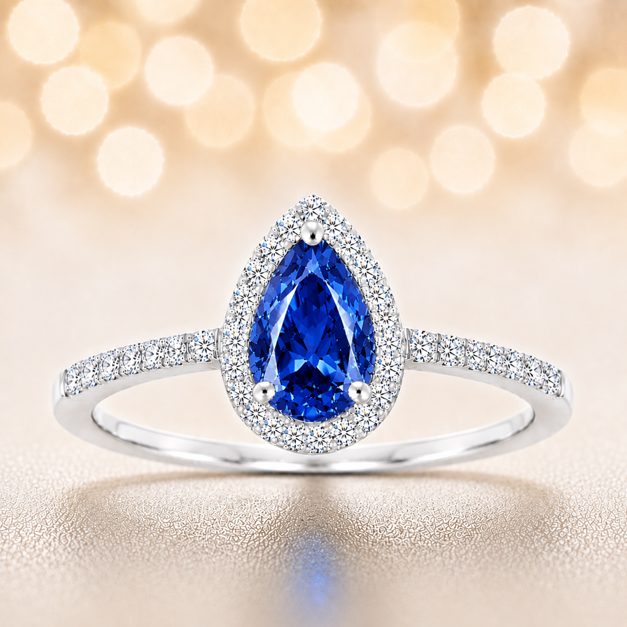 Blue sapphire ring with a 7×5 mm pear cut, with moissanite in white gold-plated 925 silver. Elegant and timeless for daily wear. Available now at BSI Jewelry.