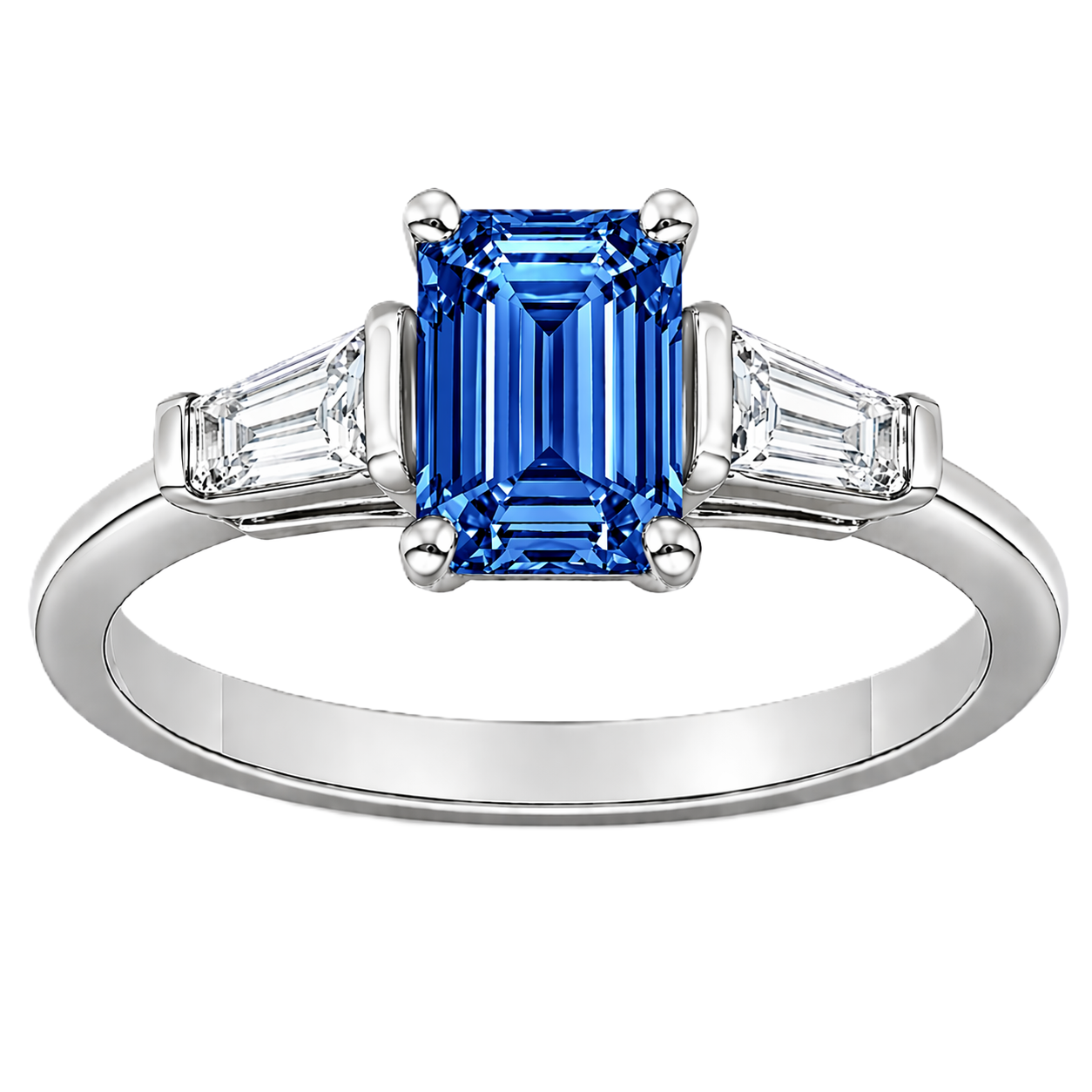 Blue sapphire ring, 7×5 mm emerald cut with tapered moissanite, crafted in white gold-plated 925 silver. Elegant and timeless. Available now at BSI Jewelry.