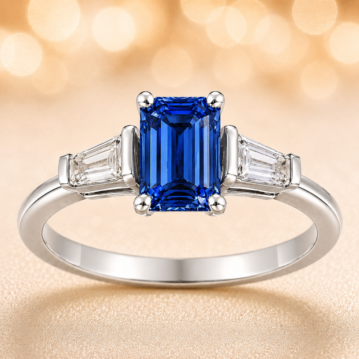 Blue sapphire ring, 7×5 mm emerald cut with tapered moissanite, crafted in white gold-plated 925 silver. Elegant and timeless. Available now at BSI Jewelry.