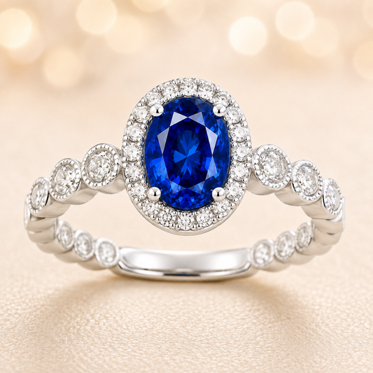 7×5 mm blue sapphire ring with white Moissanite in white gold-plated hypoallergenic 925 silver. Elegant brilliance with rich color. Available now at BSI Jewelry.
