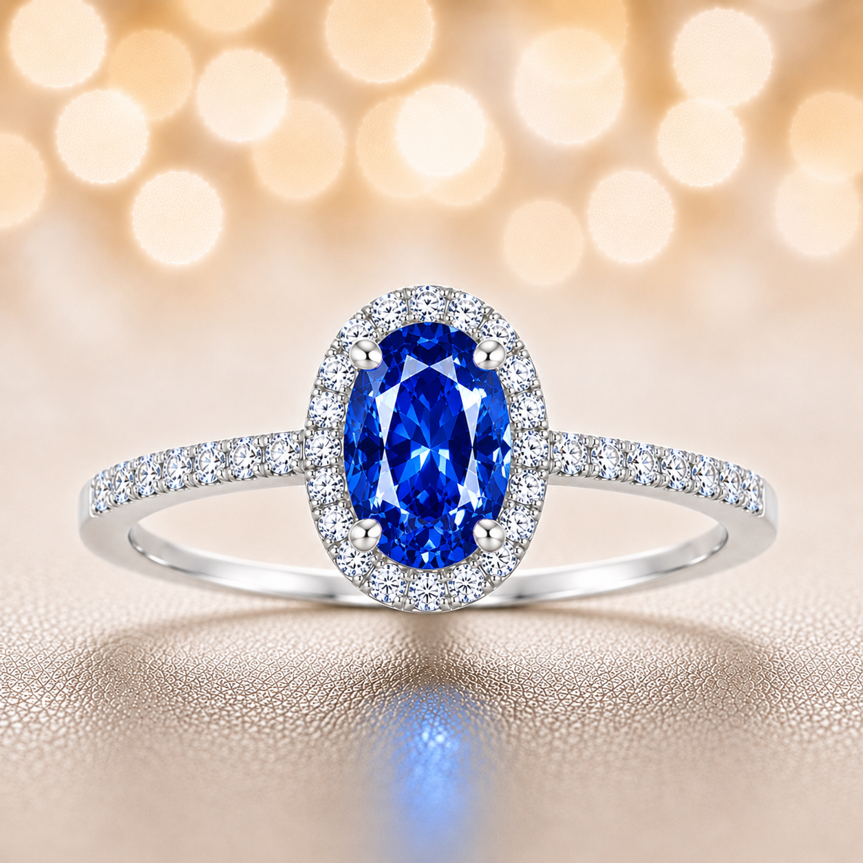 Blue sapphire ring with a 7×5 mm oval cut in white gold-plated 925 silver, with moissanite. Elegant and refined for daily wear. Available now at BSI Jewelry.