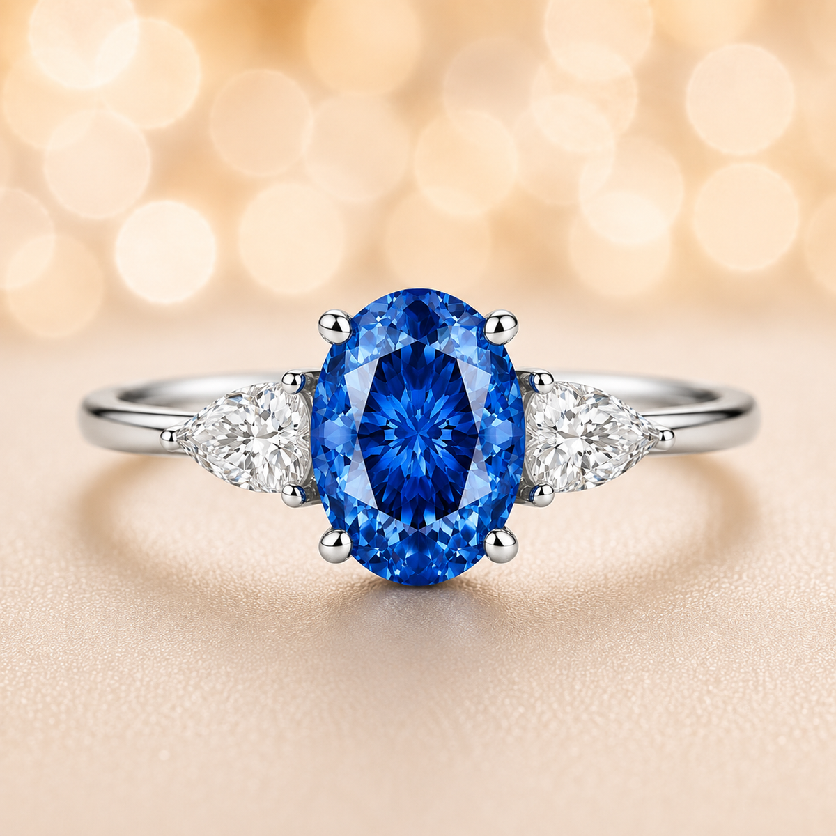 Blue sapphire ring with 7×5 mm oval center in white gold-plated 925 silver. Hypoallergenic silver for comfortable daily wear. Available now at BSI Jewelry.