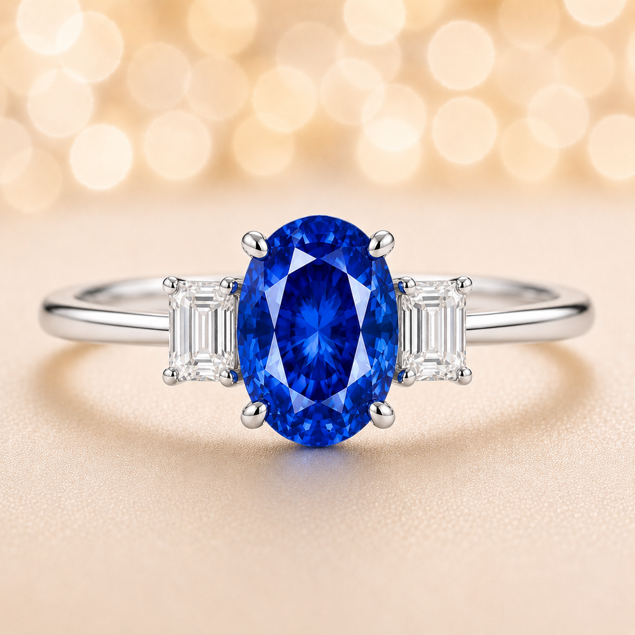 Blue sapphire ring with 7×5 mm oval center and 5×3 mm moissanite sides in white gold-plated 925 silver. Elegant and refined. Available now at BSI Jewelry.