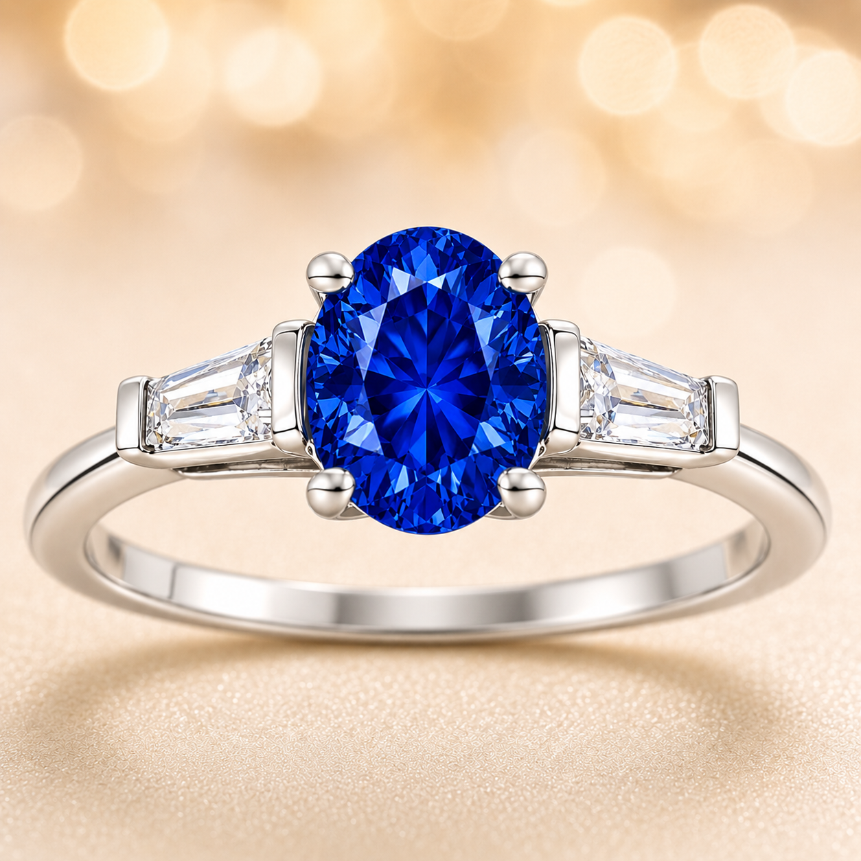 Blue sapphire ring with 7×5 mm oval center in white gold-plated 925 silver. Classic, elegant, and hypoallergenic. Available now at BSI Jewelry.