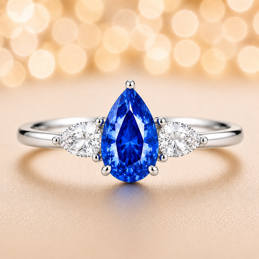 Blue sapphire ring with 7×5 mm pear center and side stones in white gold-plated 925 silver. Elegant and timeless for daily wear. Available now at BSI Jewelry.