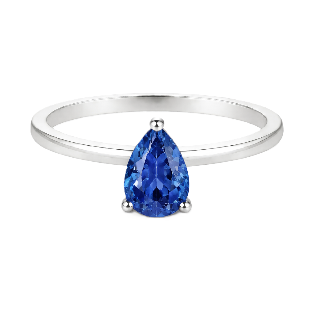 Blue sapphire solitaire ring with a 6×4 mm pear in white gold-plated 925 silver. Elegant, minimal, and timeless for daily wear. Available now at BSI Jewelry.