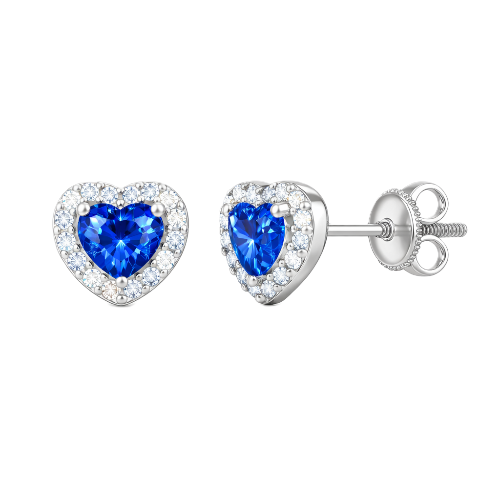 Blue sapphire stud earrings with 4 mm heart cut in white gold-plated 925 silver, accented with moissanite and screw-back posts. Available now at BSI Jewelry.