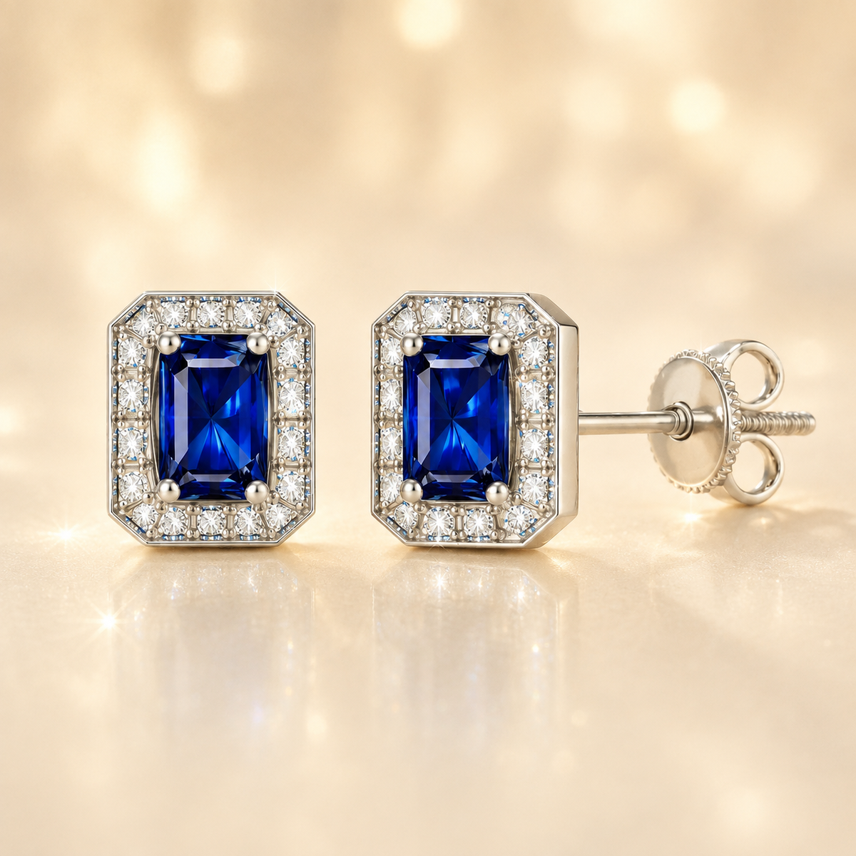 Blue sapphire stud earrings with 5×3 mm emerald in white gold-plated 925 silver, accented with moissanite and screw-back posts. Available now at BSI Jewelry.