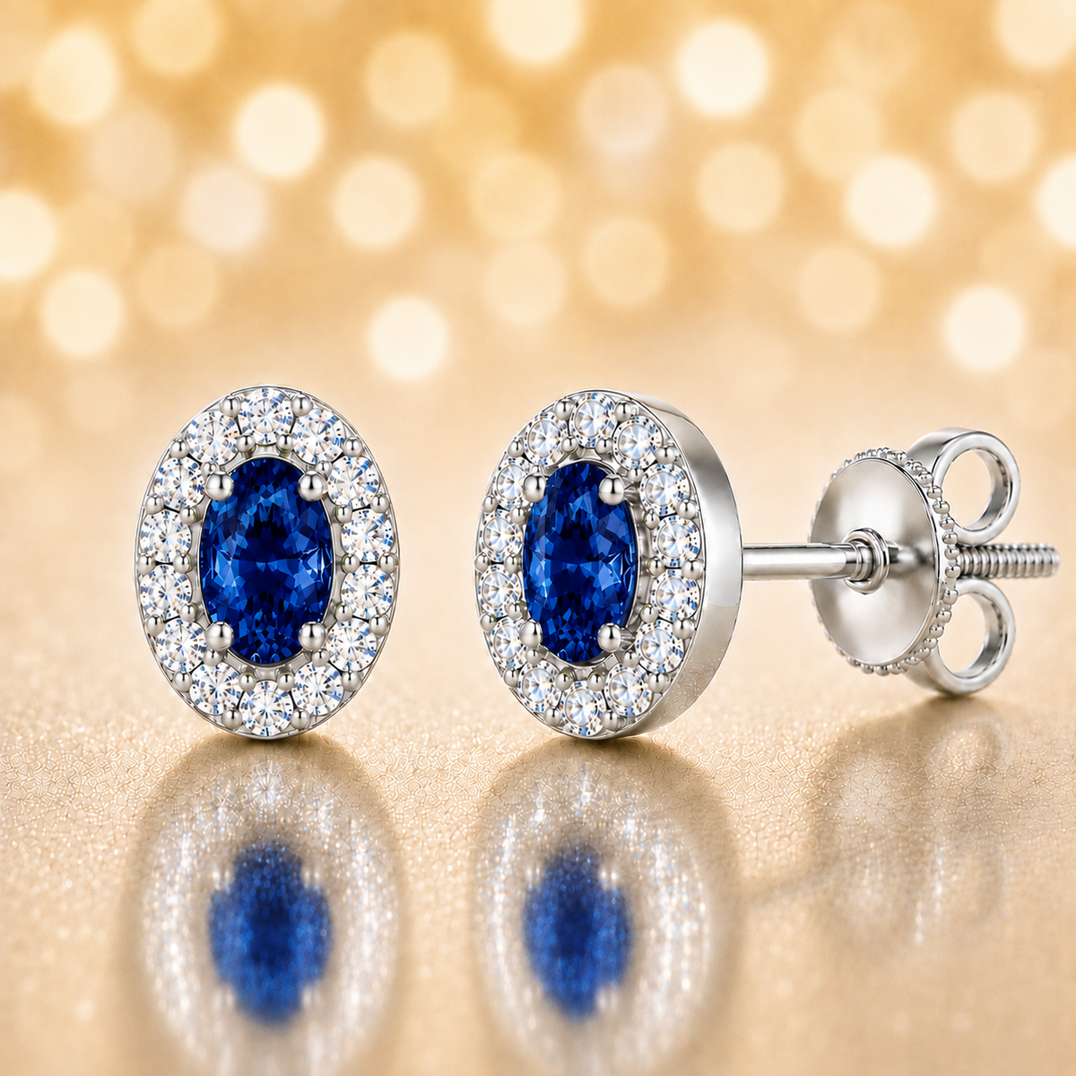 Blue sapphire stud earrings with 5×3 mm oval in white gold-plated 925 silver, accented with moissanite and secure screw-back posts. Available now at BSI Jewelry.