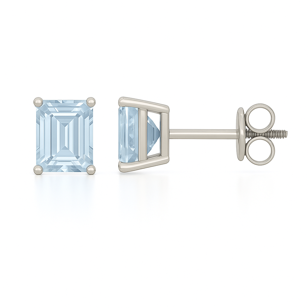 Blue sapphire stud earrings with 6×4 mm emerald-cut stones, crafted in white gold-plated 925 silver with palladium-added alloy. Available now at BSI Jewelry.