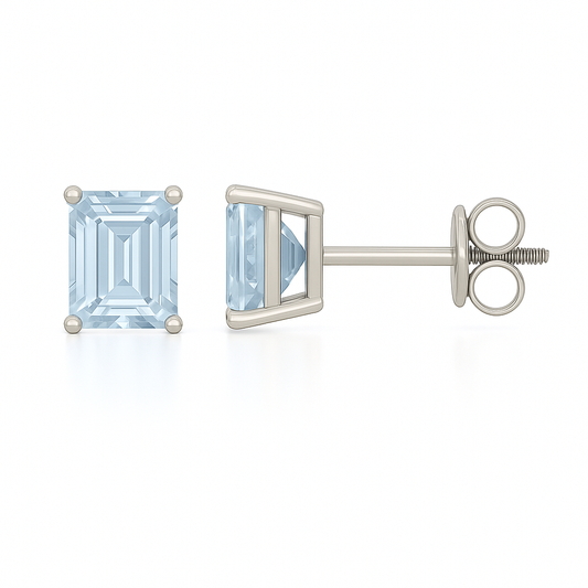 Blue sapphire stud earrings with 6×4 mm emerald-cut stones, crafted in white gold-plated 925 silver with palladium-added alloy. Available now at BSI Jewelry.