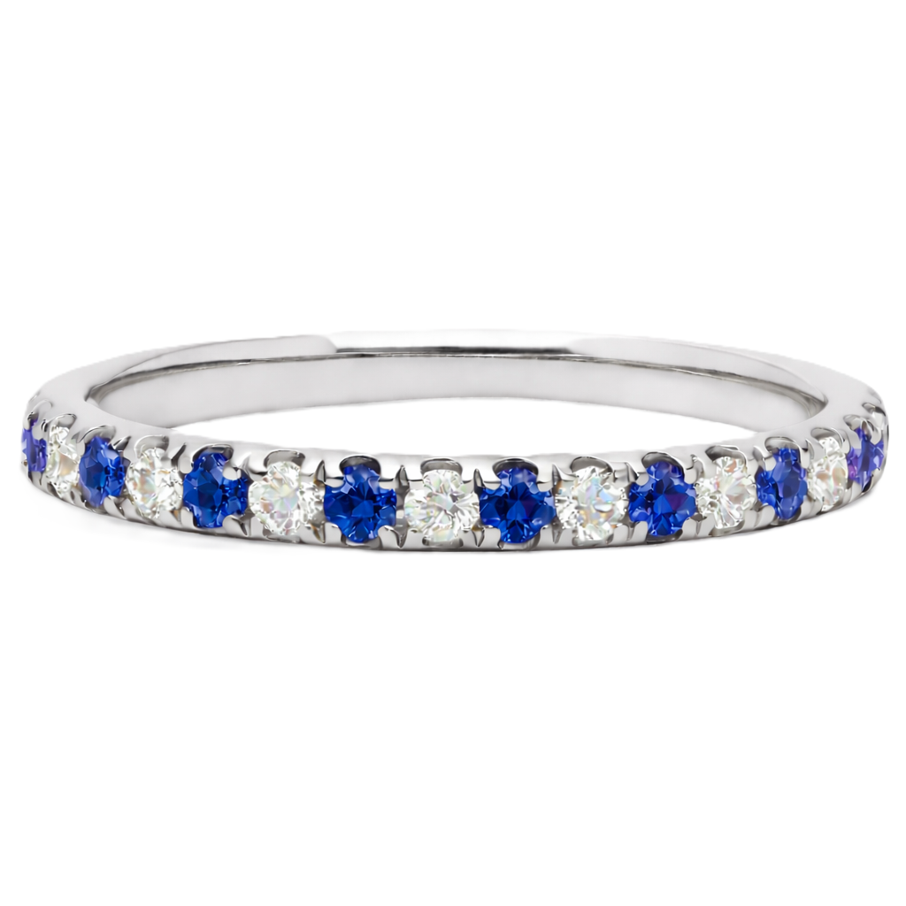 Blue sapphire wedding band with 1.80 mm round-cut stones, crafted in white gold-plated 925 silver and accented with moissanite. Available now at BSI Jewelry.