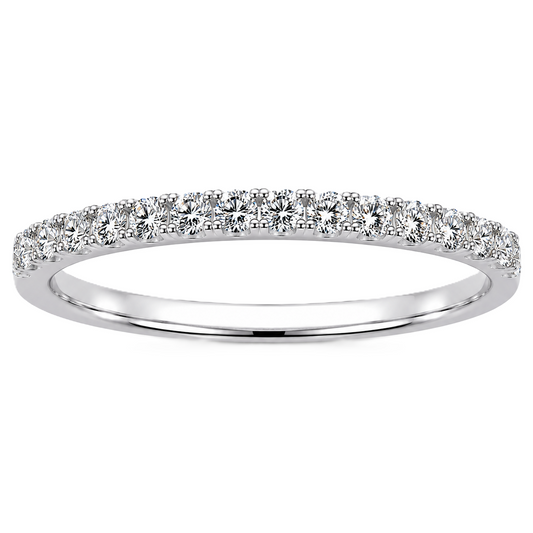 Round moissanite wedding band crafted in white gold-plated 925 silver. Elegant brilliance and timeless sparkle for everyday wear. Available now at BSI Jewelry.