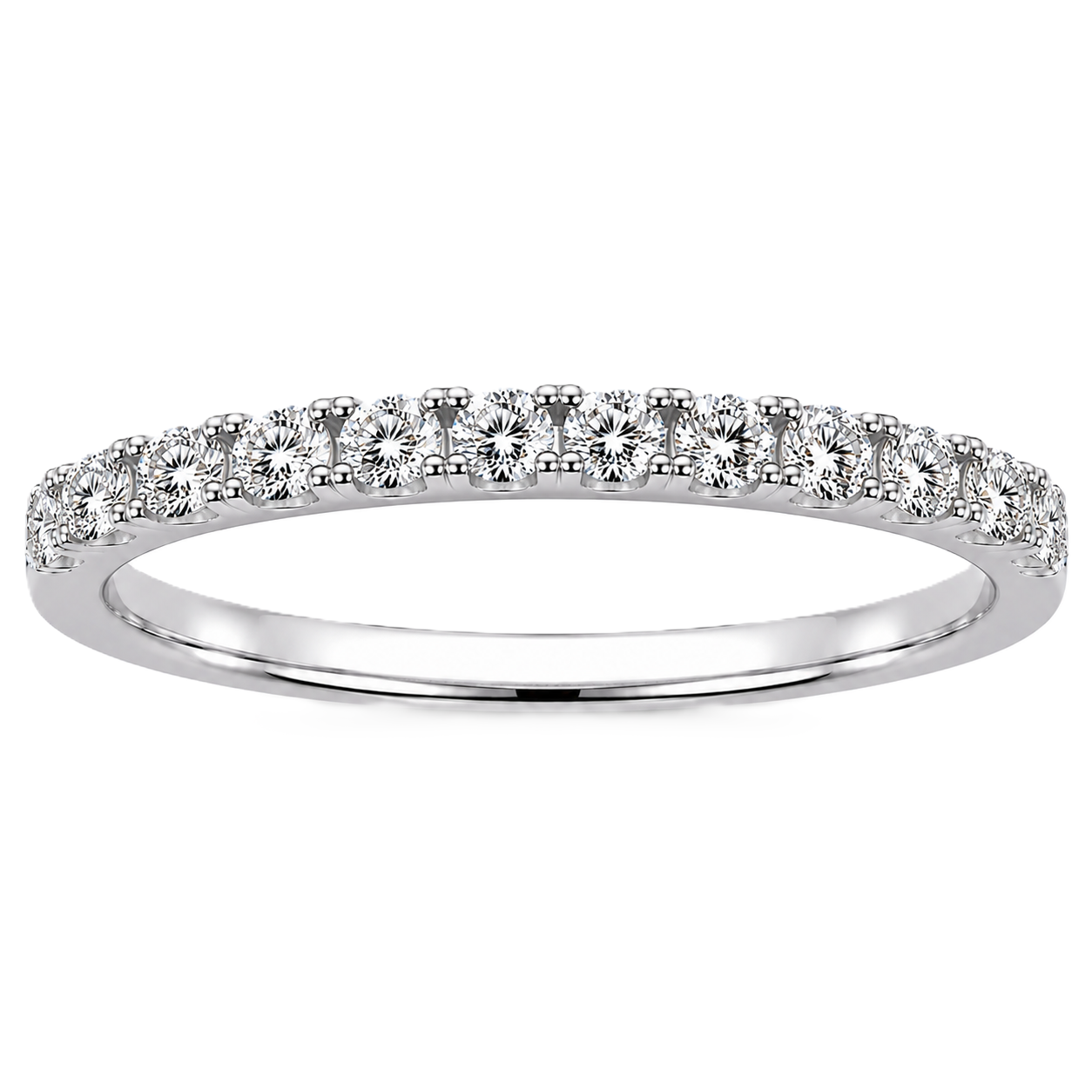 Round moissanite wedding band crafted in white gold-plated 925 silver. Elegant brilliance and timeless sparkle for everyday wear. Available now at BSI Jewelry.