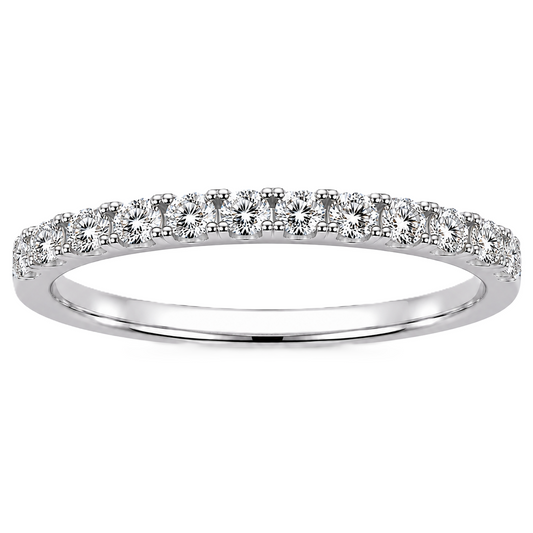 Round moissanite wedding band crafted in white gold-plated 925 silver. Elegant brilliance and timeless sparkle for everyday wear. Available now at BSI Jewelry.