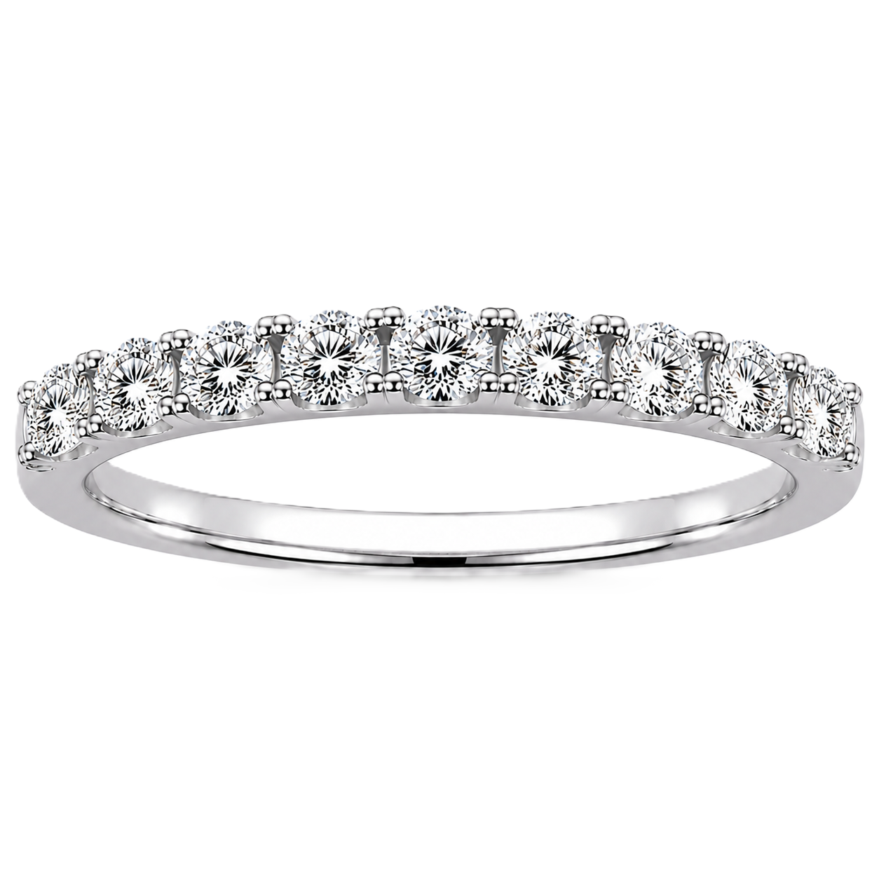 Round moissanite wedding band crafted in white gold-plated 925 silver. Elegant brilliance and timeless sparkle for everyday wear. Available now at BSI Jewelry.