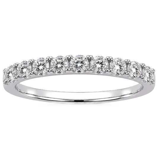 Round moissanite wedding band crafted in white gold-plated 925 silver. Elegant brilliance and timeless sparkle for everyday wear. Available now at BSI Jewelry.