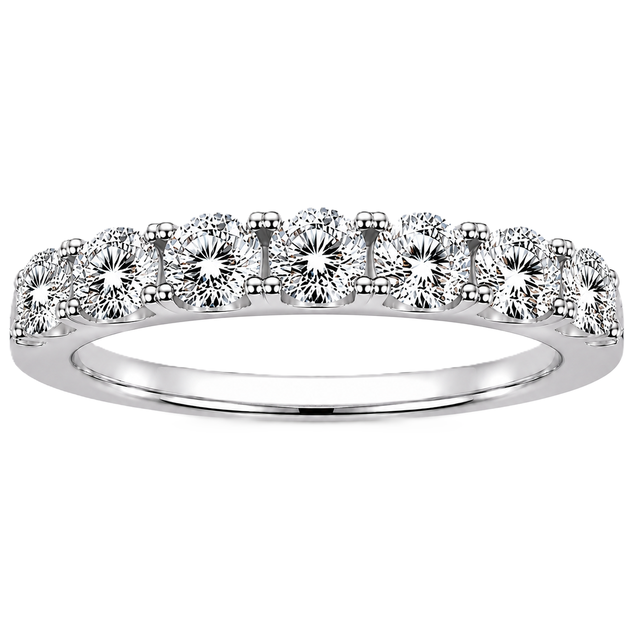 Round moissanite wedding band crafted in white gold-plated 925 silver. Elegant brilliance and timeless sparkle for everyday wear. Available now at BSI Jewelry.