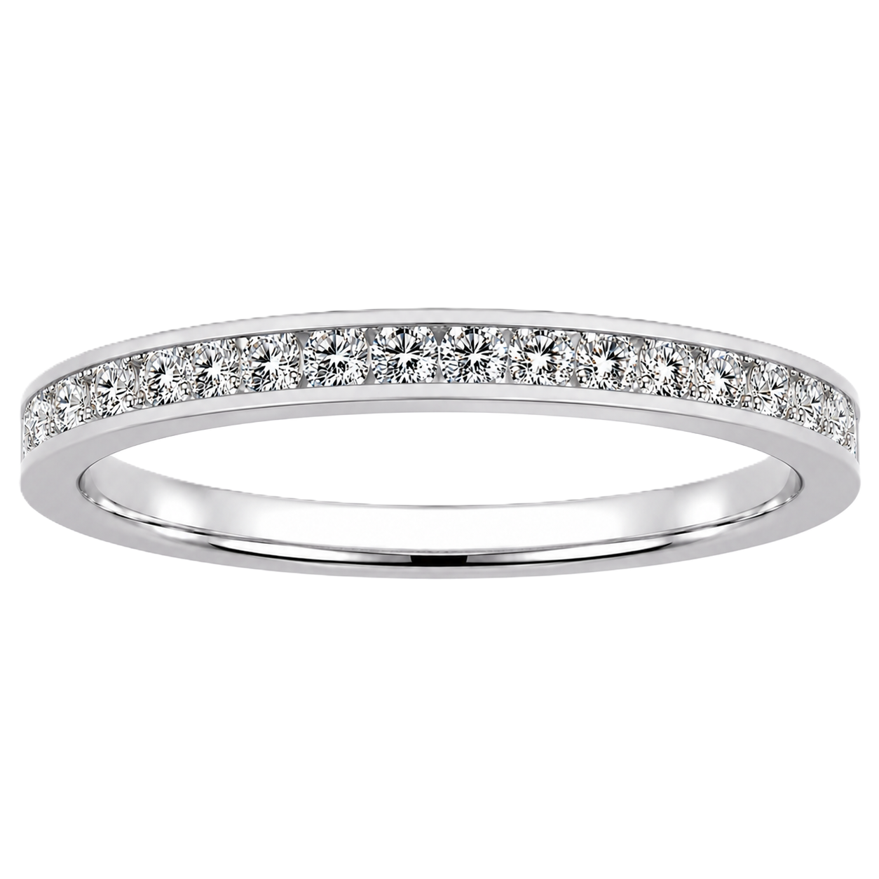 Round moissanite wedding band crafted in white gold-plated 925 silver. Elegant brilliance and timeless sparkle for everyday wear. Available now at BSI Jewelry.