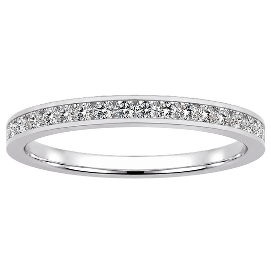 Round moissanite wedding band crafted in white gold-plated 925 silver. Elegant brilliance and timeless sparkle for everyday wear. Available now at BSI Jewelry.